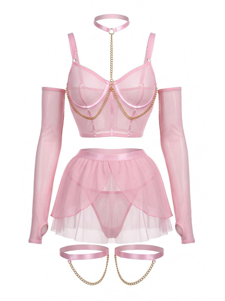 Ensemble lingerie rose en résille avec ras-de-cou et chaînes années 1980