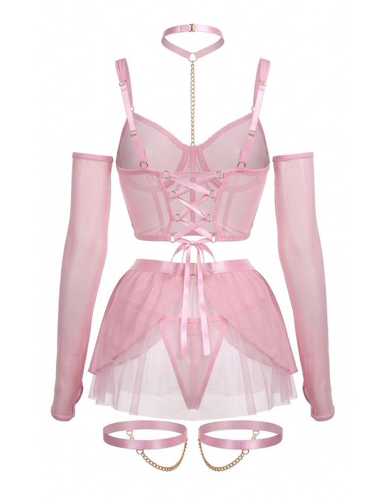 Ensemble lingerie rose en résille avec ras-de-cou et chaînes années 1980