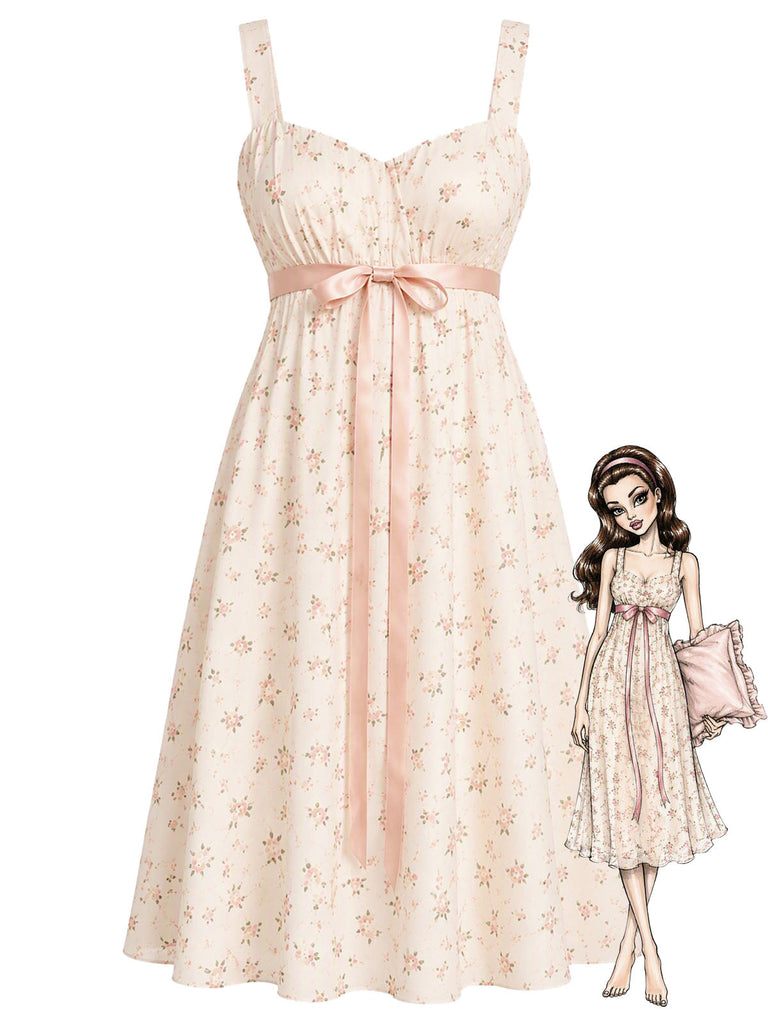 [Prévente] Nuisette Florale avec Nœud à la Taille Rose Brumeux Années 1950