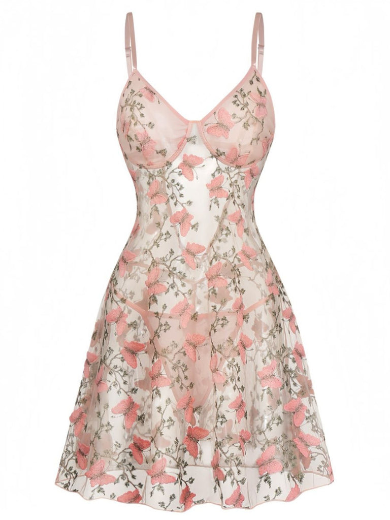 Chemise de Nuit Rose Florale Papillons Bretelles Fines Années 1940 2
