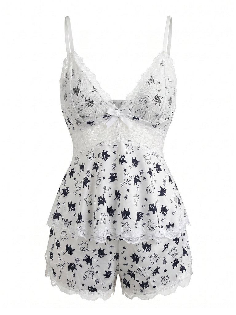 Set Pyjama Babydoll en Dentelle Chat Halloween Années 1950