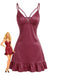 Nuisette bordeaux en satin à pois, fines bretelles et ourlet à volants Années 1940 - 1