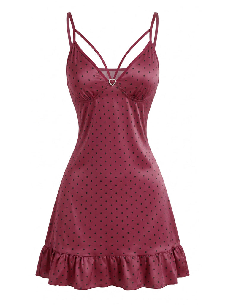 Nuisette bordeaux en satin à pois, fines bretelles et ourlet à volants Années 1940 - 2