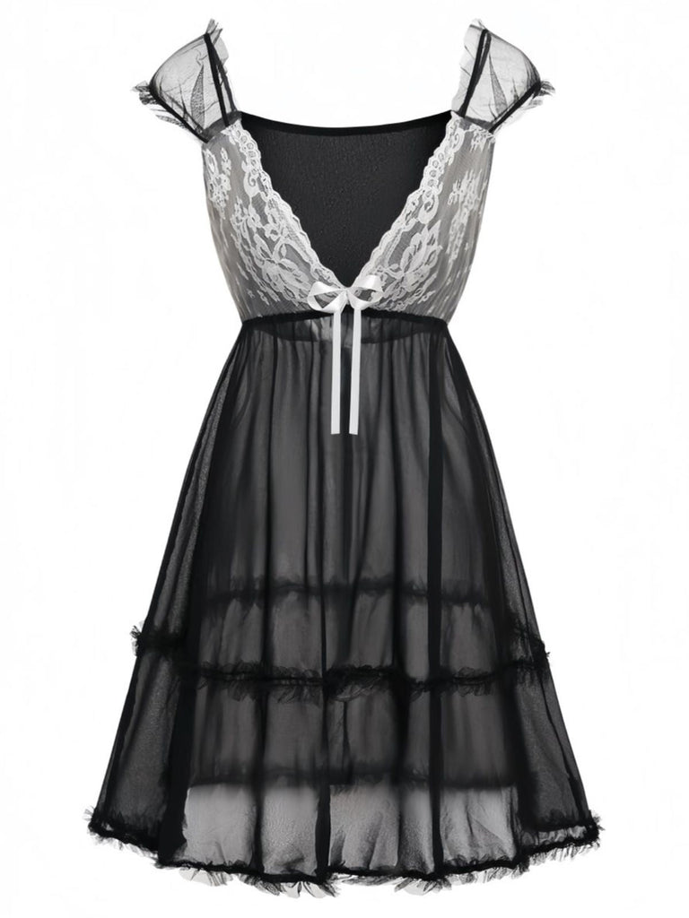 Nuisette Babydoll en Dentelle et Tulle avec Nœud Noir Années 1970