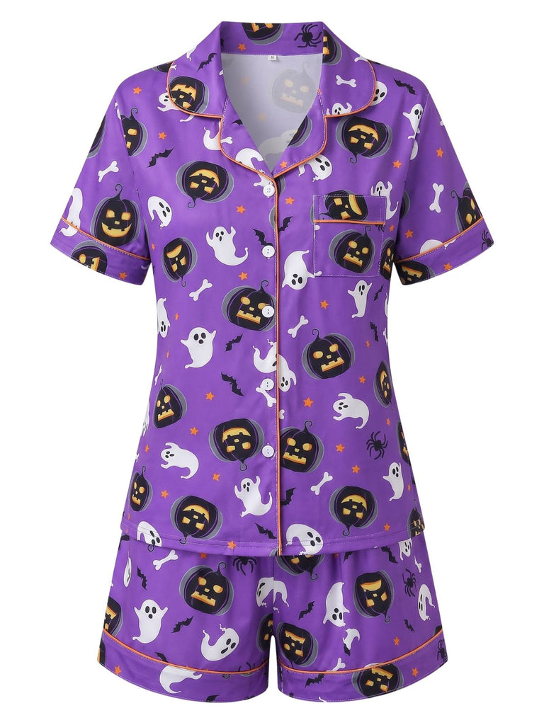Ensemble pyjama violet d’Halloween à fantômes et citrouilles avec short années 1950