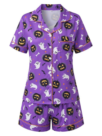 Ensemble pyjama violet d’Halloween à fantômes et citrouilles avec short années 1950