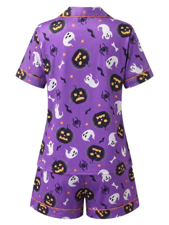 Ensemble pyjama violet d’Halloween à fantômes et citrouilles avec short années 1950