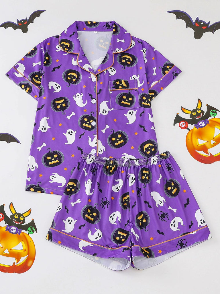Ensemble pyjama violet d’Halloween à fantômes et citrouilles avec short années 1950