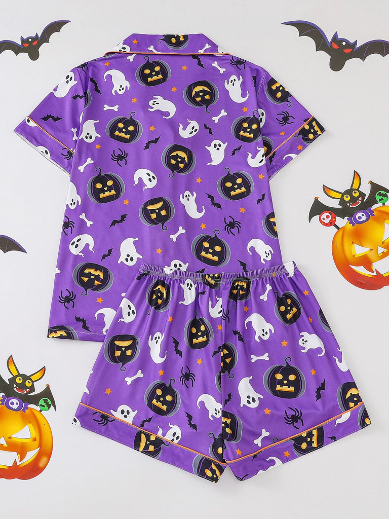 Ensemble pyjama violet d’Halloween à fantômes et citrouilles avec short années 1950