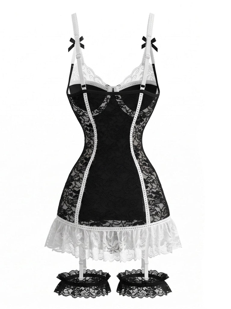 Ensemble lingerie de nuit noir en dentelle avec porte-jarretelles Années 1980 - 4