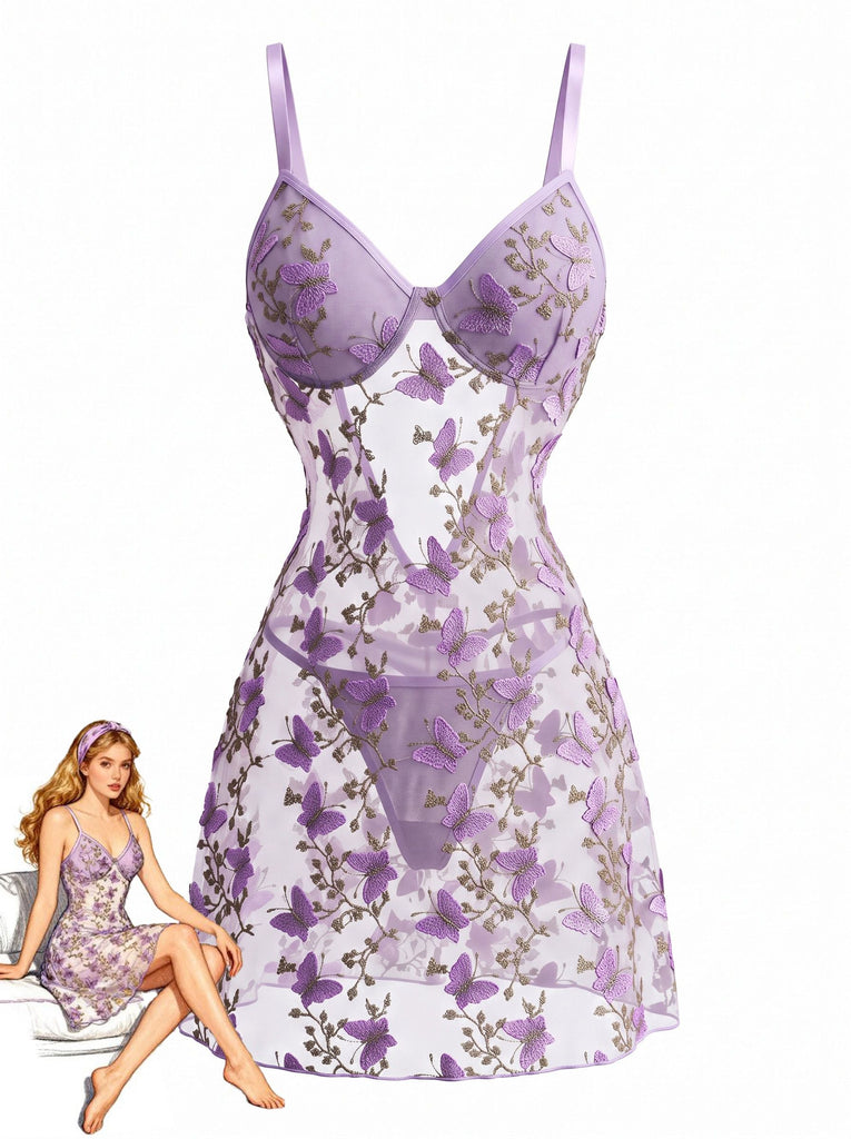 Sleepwear Lavande Filet 3D Butterfly Embroidery Slip Nightgown Années 1970