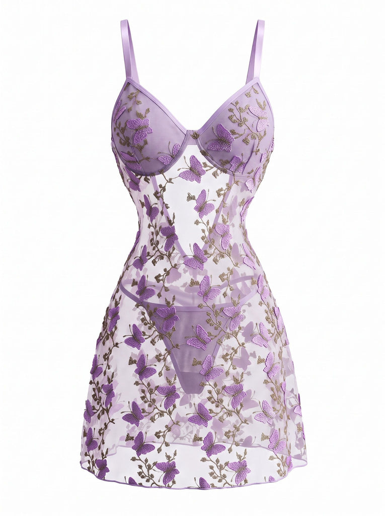 Sleepwear Lavande Filet 3D Butterfly Embroidery Slip Nightgown Années 1970