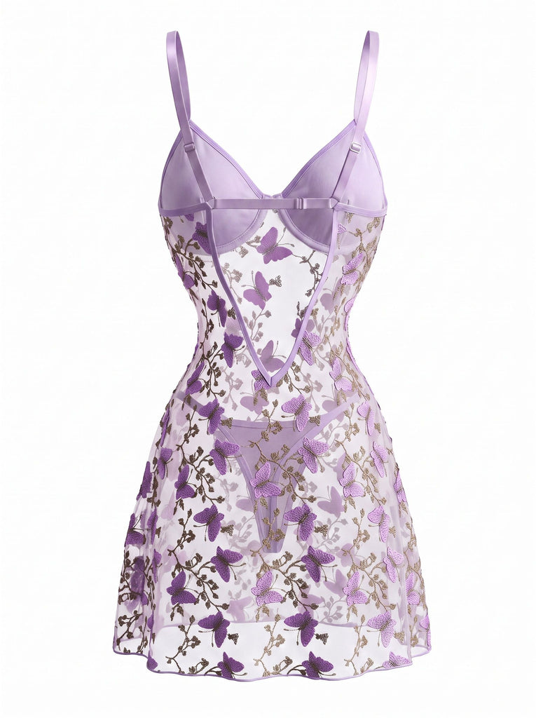 Sleepwear Lavande Filet 3D Butterfly Embroidery Slip Nightgown Années 1970