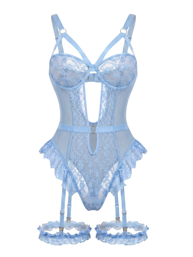 Ensemble Lingerie Body Dentelle Découpé avec Jarretière Années 1950