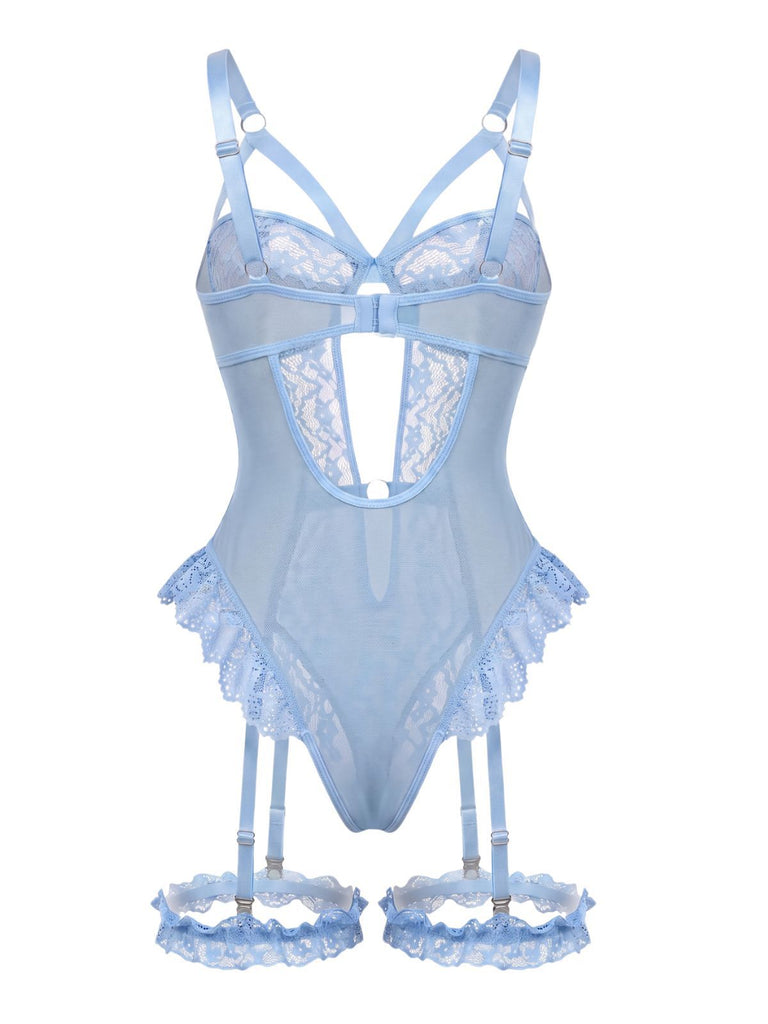 Ensemble Lingerie Body Dentelle Découpé avec Jarretière Années 1950 2