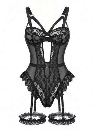 Ensemble Lingerie Body Dentelle Découpé avec Jarretière Années 1950 10