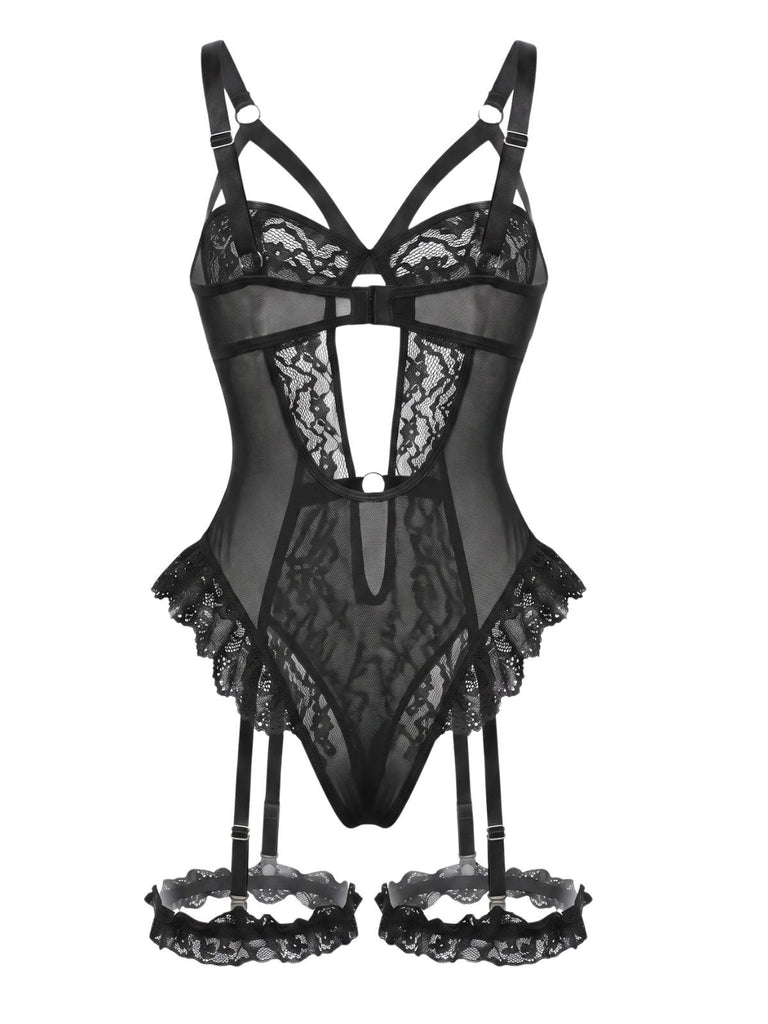 Ensemble Lingerie Body Dentelle Découpé avec Jarretière Années 1950 11
