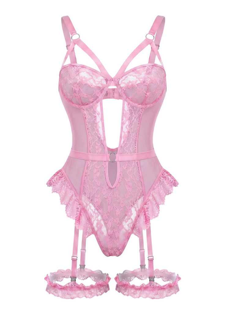 Ensemble Lingerie Body Dentelle Découpé avec Jarretière Années 1950 6