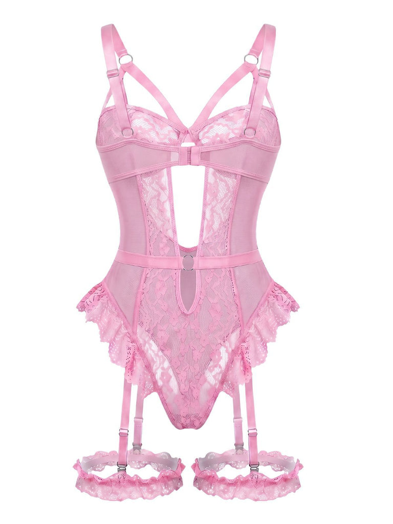 Ensemble Lingerie Body Dentelle Découpé avec Jarretière Années 1950 7