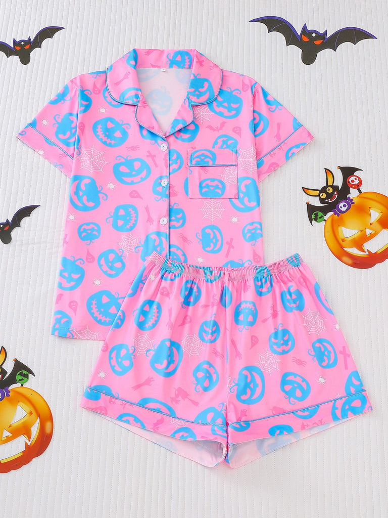 Ensemble pyjama court d’Halloween à imprimé citrouilles années 1940