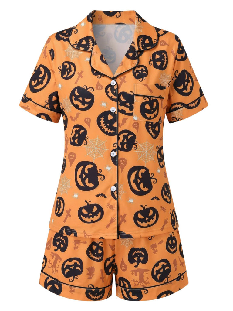 Ensemble pyjama court d’Halloween à imprimé citrouilles années 1940