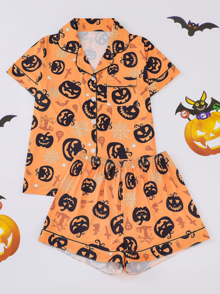 Ensemble pyjama court d’Halloween à imprimé citrouilles années 1940