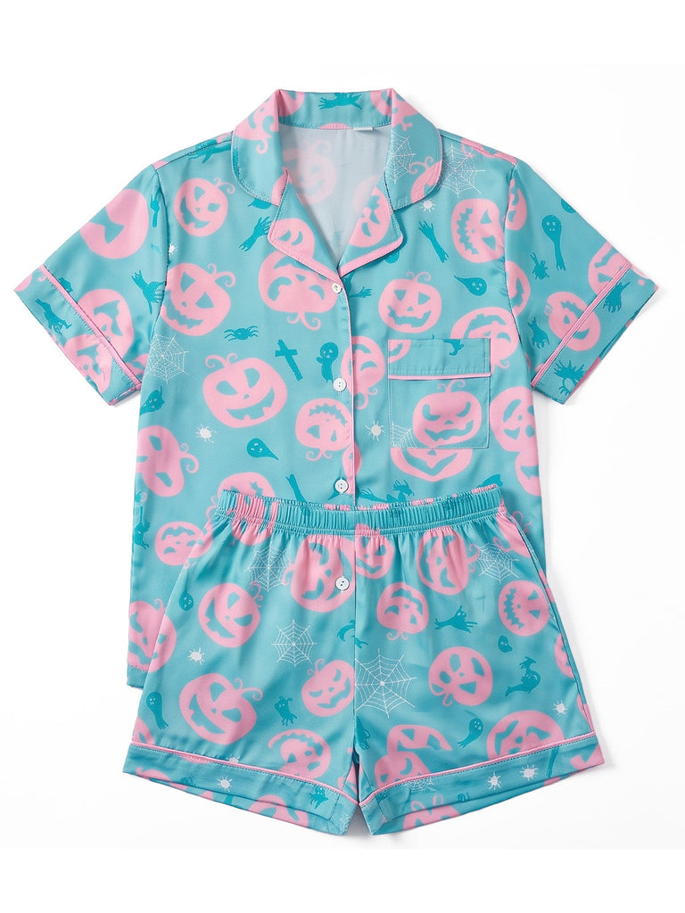 Ensemble pyjama d’Halloween à imprimé citrouilles et fantômes années 1970