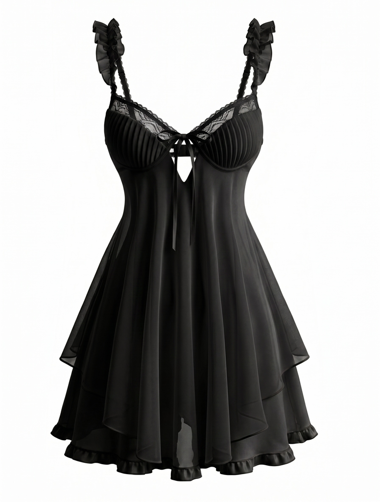 Sleepwear Volant Ourlet Nœud Babydoll Slip Nightgown Années 1950