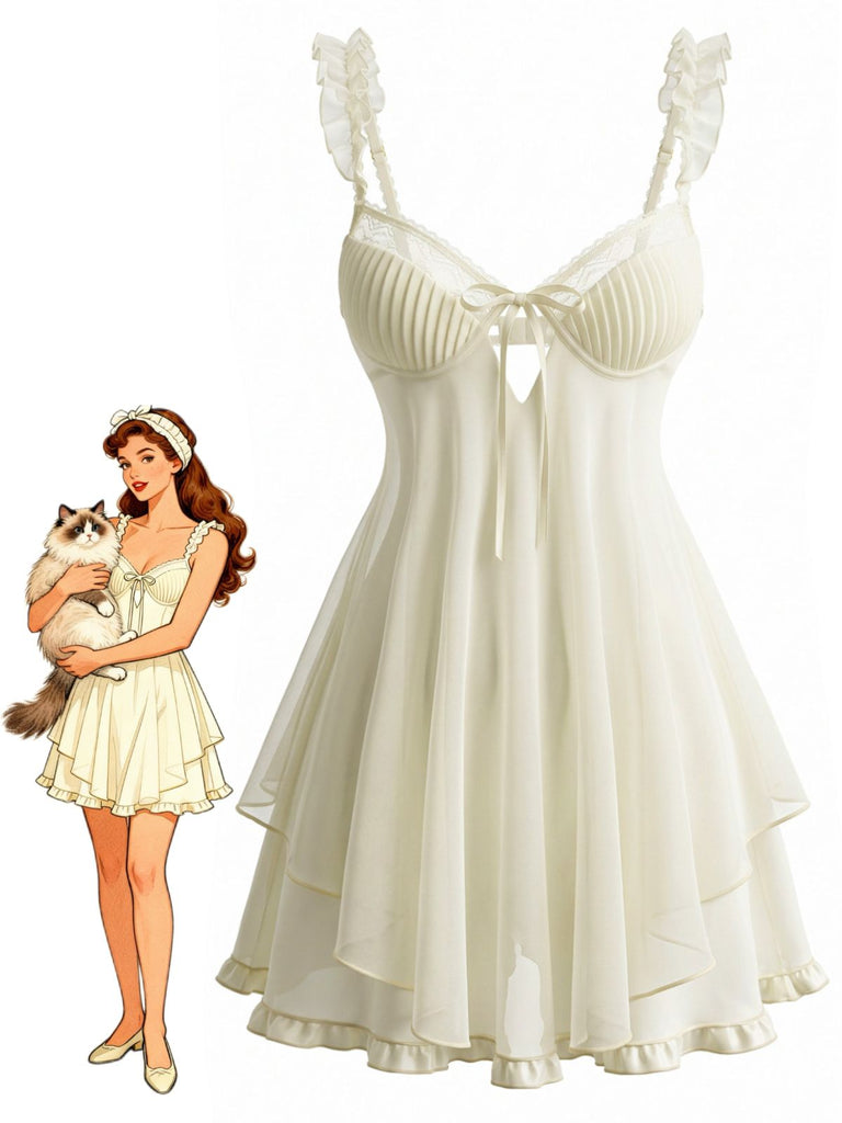 Sleepwear Volant Ourlet Nœud Babydoll Slip Nightgown Années 1950