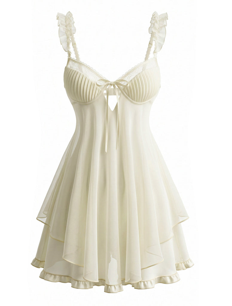 Sleepwear Volant Ourlet Nœud Babydoll Slip Nightgown Années 1950