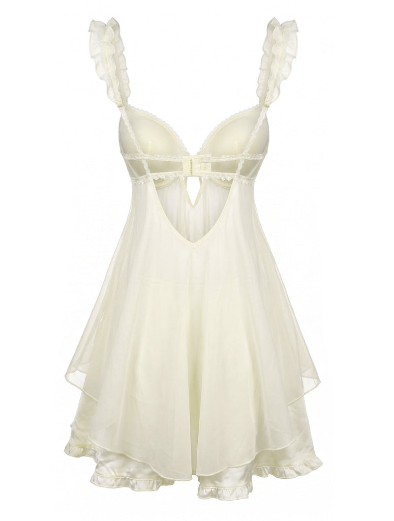 Sleepwear Volant Ourlet Nœud Babydoll Slip Nightgown Années 1950
