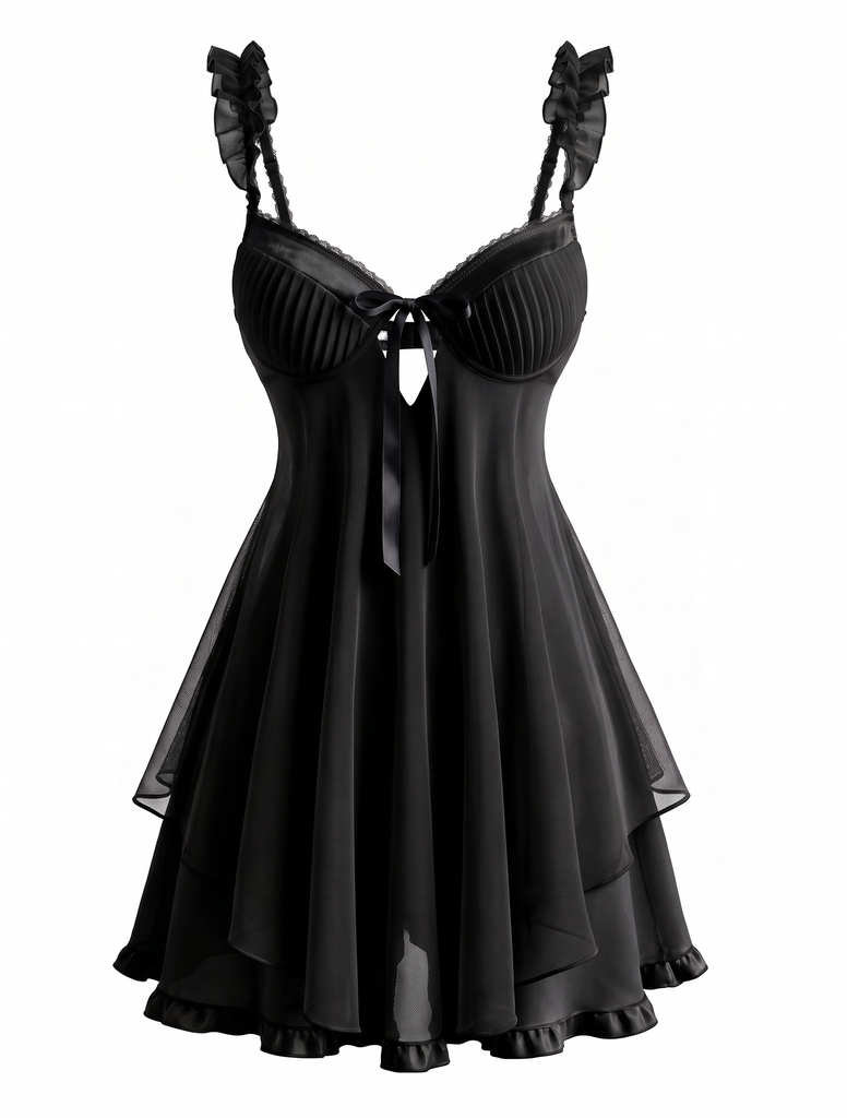 Robe De Nuit Noire Breteilles À Volants Années 1950