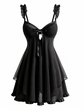 Robe De Nuit Noire Breteilles À Volants Années 1950