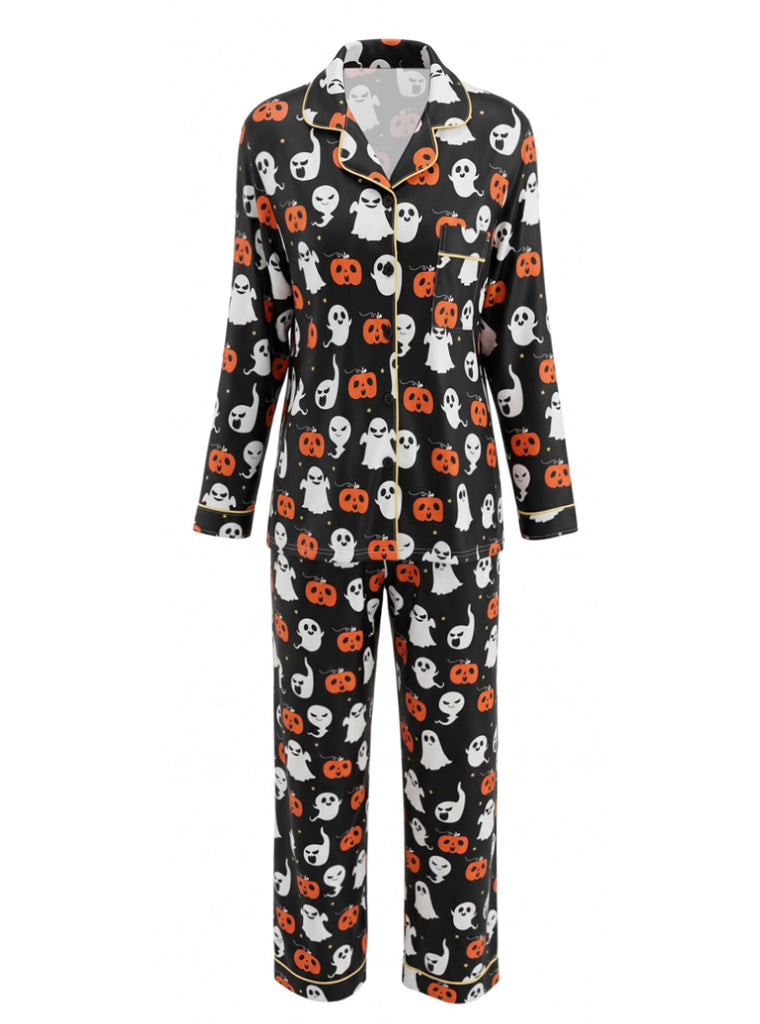 Ensemble pyjama multicolore d’Halloween à fantômes et manches longues années 1940