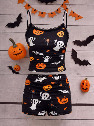 Ensemble pyjama d’Halloween à citrouilles et fantômes avec jupe superposée