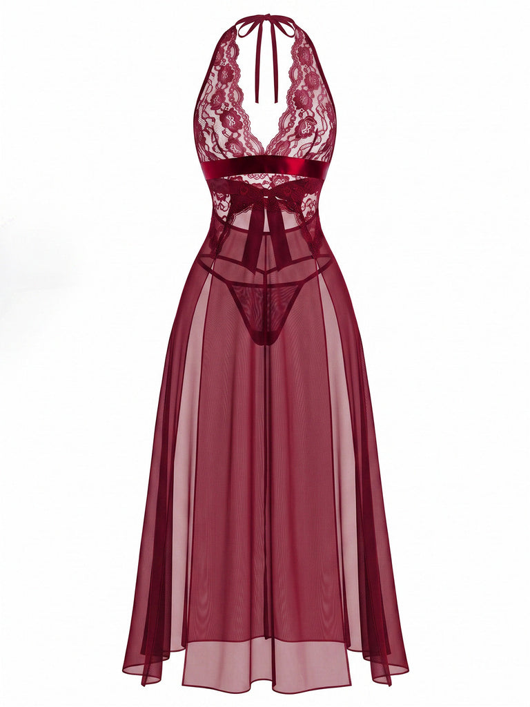Nuisette longue moulante dos nu en dentelle et tulle transparent Années 1930