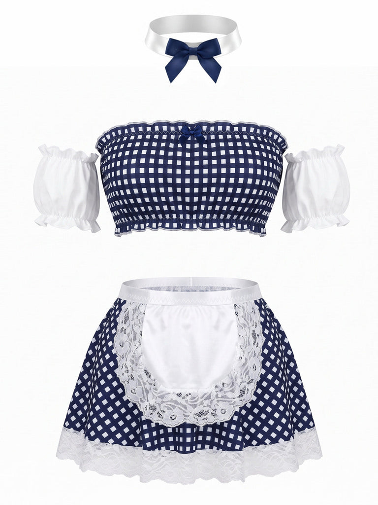 Sleepwear Vichy Strapless Dentelle Maid Lingerie Ensemble Années 1950