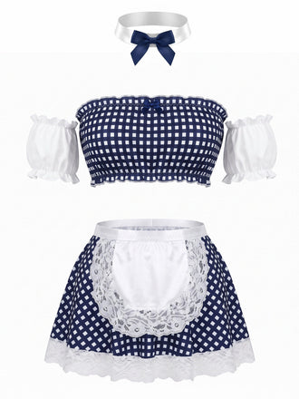 Sleepwear Vichy Strapless Dentelle Maid Lingerie Ensemble Années 1950