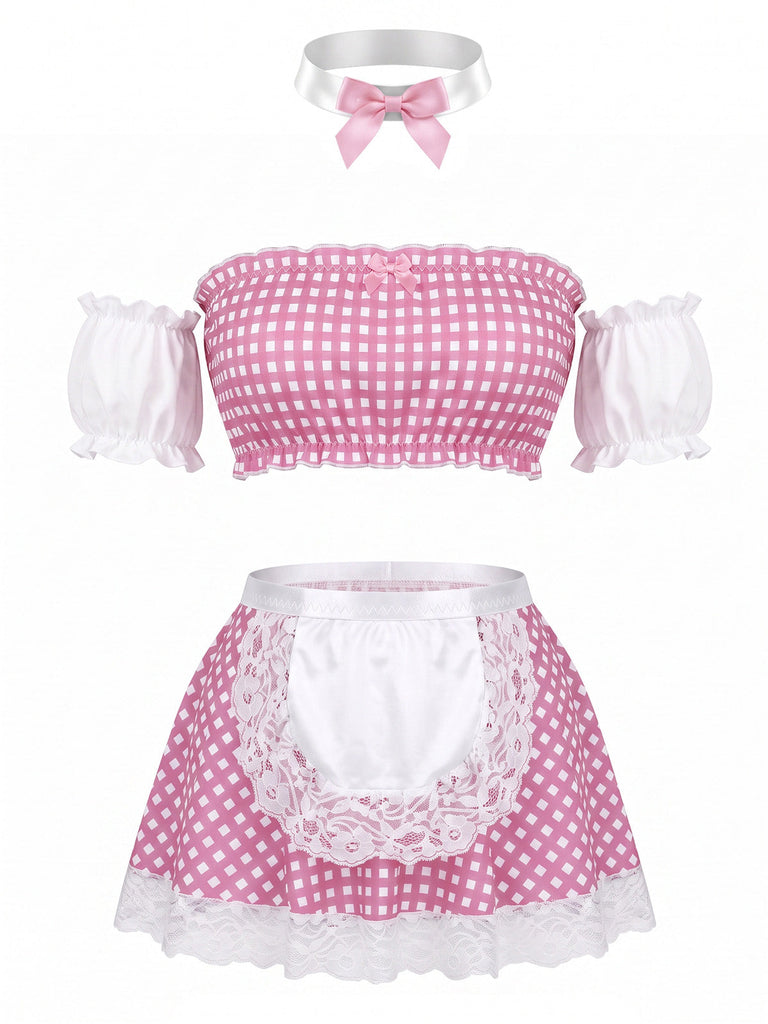 Sleepwear Vichy Strapless Dentelle Maid Lingerie Ensemble Années 1950