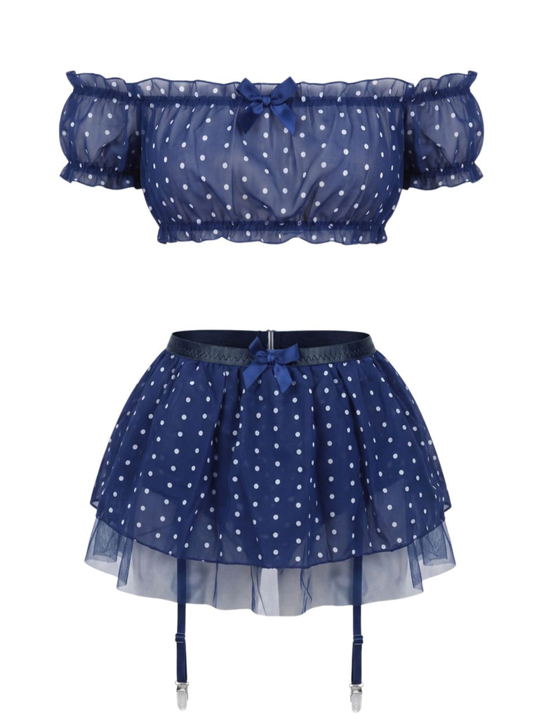 Ensemble lingerie à pois en tulle transparent et épaules dénudées Années 1950