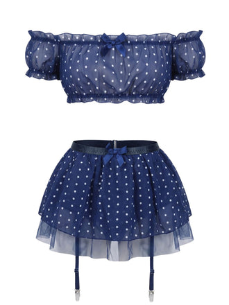 Ensemble lingerie à pois en tulle transparent et épaules dénudées Années 1950
