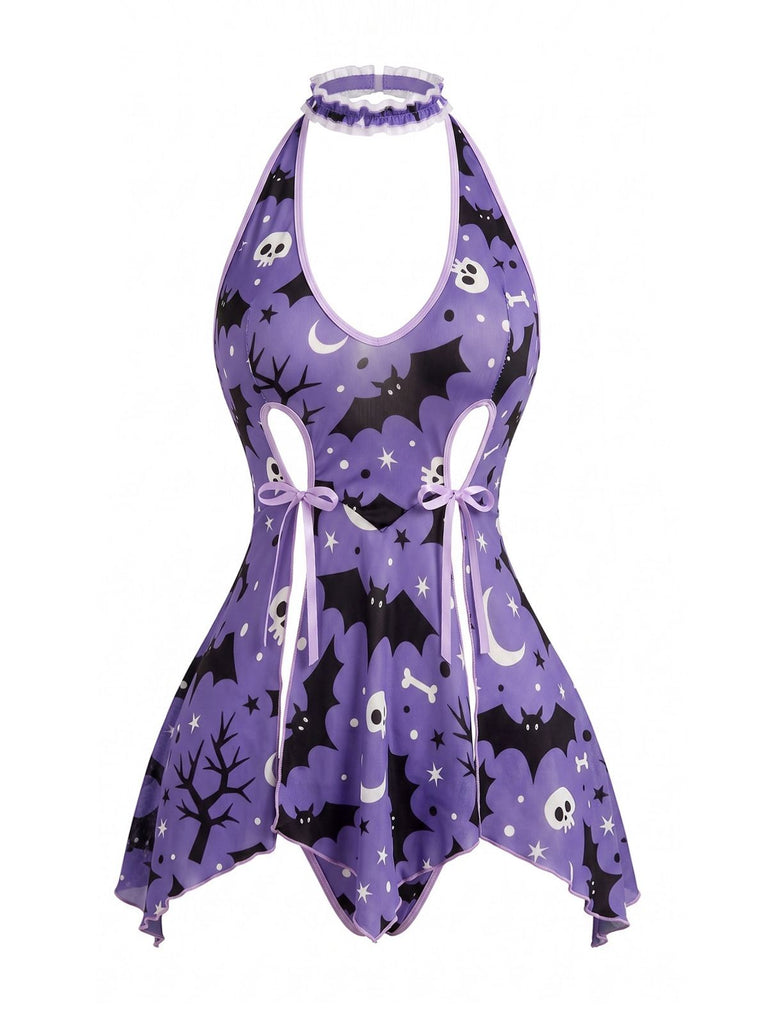 Nuisette violette d’Halloween à imprimé chauves-souris, bretelles et fente années 1960
