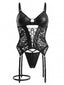 Ensemble lingerie noir en similicuir et dentelle avec porte-jarretelles années 1960