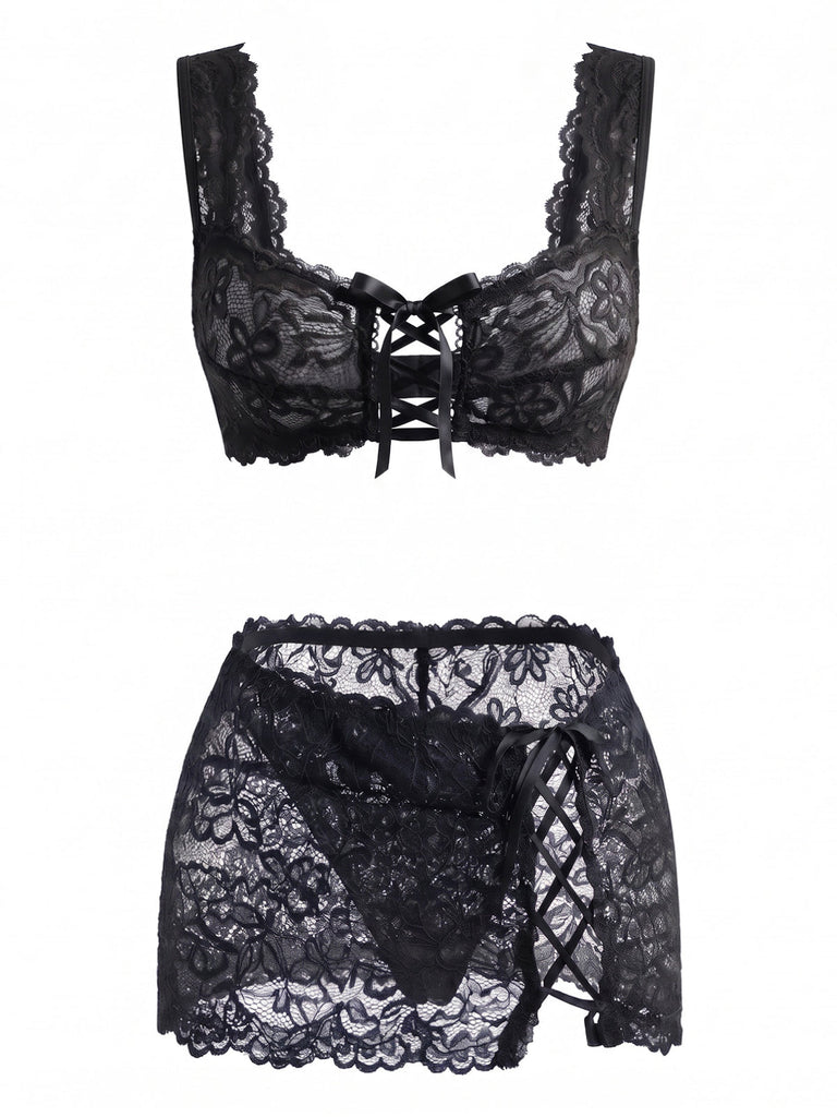 Ensemble lingerie en dentelle florale à laçage croisé années 1950
