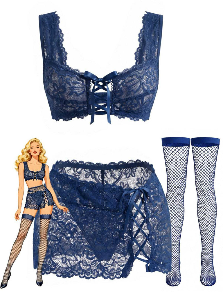 Ensemble lingerie en dentelle florale à laçage croisé années 1950
