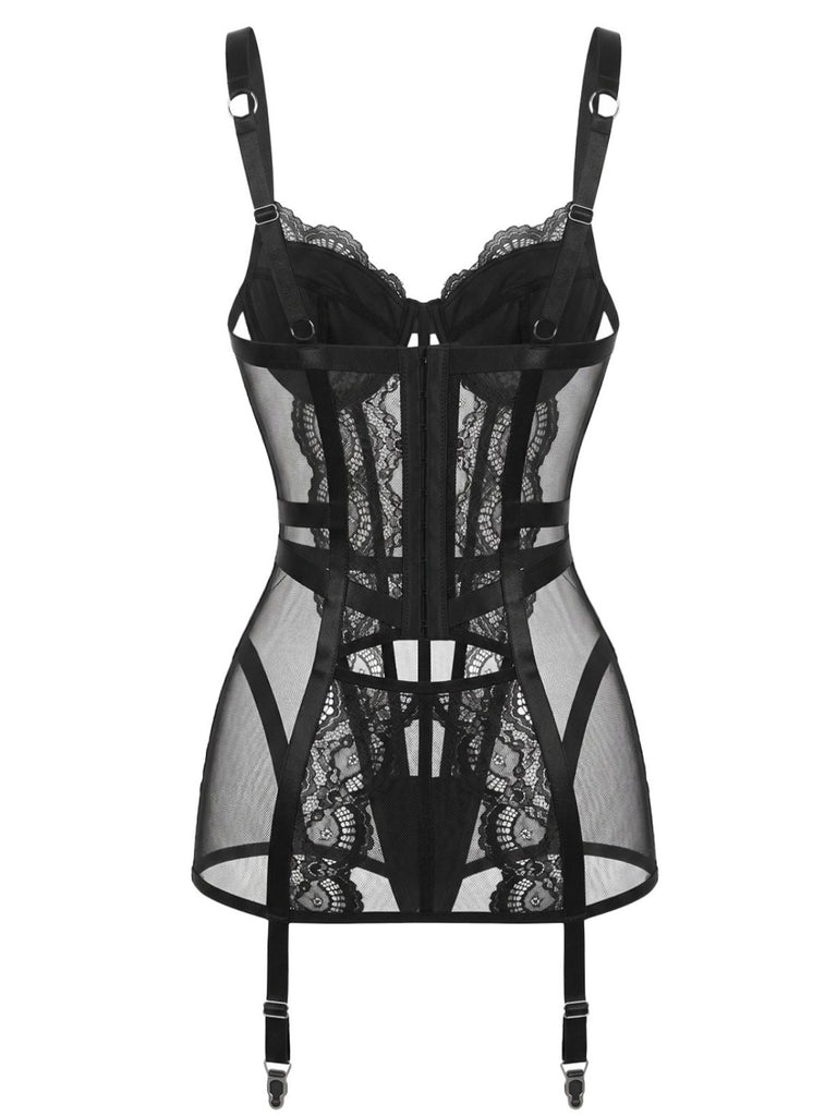 Ensemble lingerie nuisette transparente en dentelle et porte-jarretelles années 1950