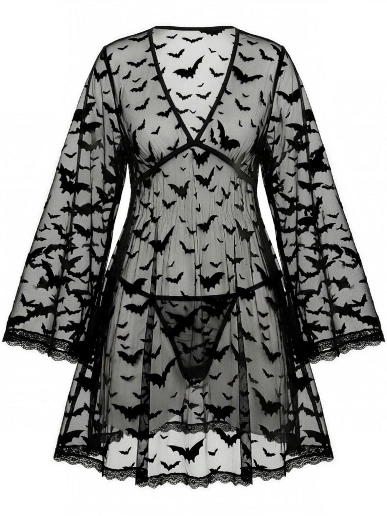 Peignoir noir d’Halloween en dentelle transparente à imprimé chauves-souris années 1960