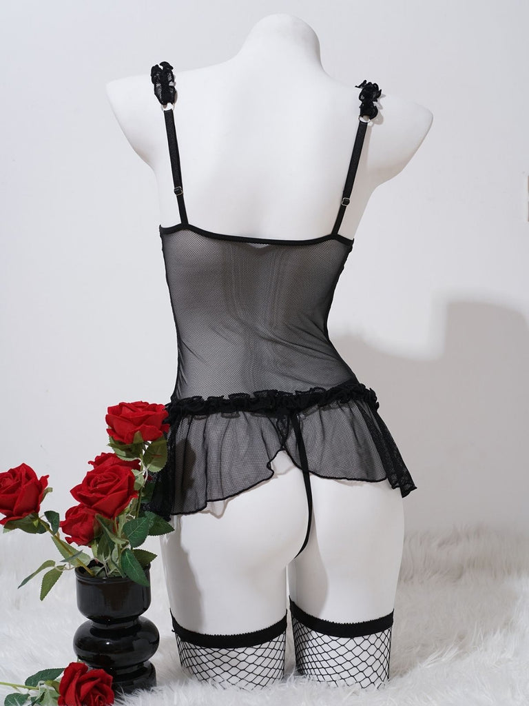 Ensemble lingerie corset noir en similicuir PU, résille et laçage années 1950
