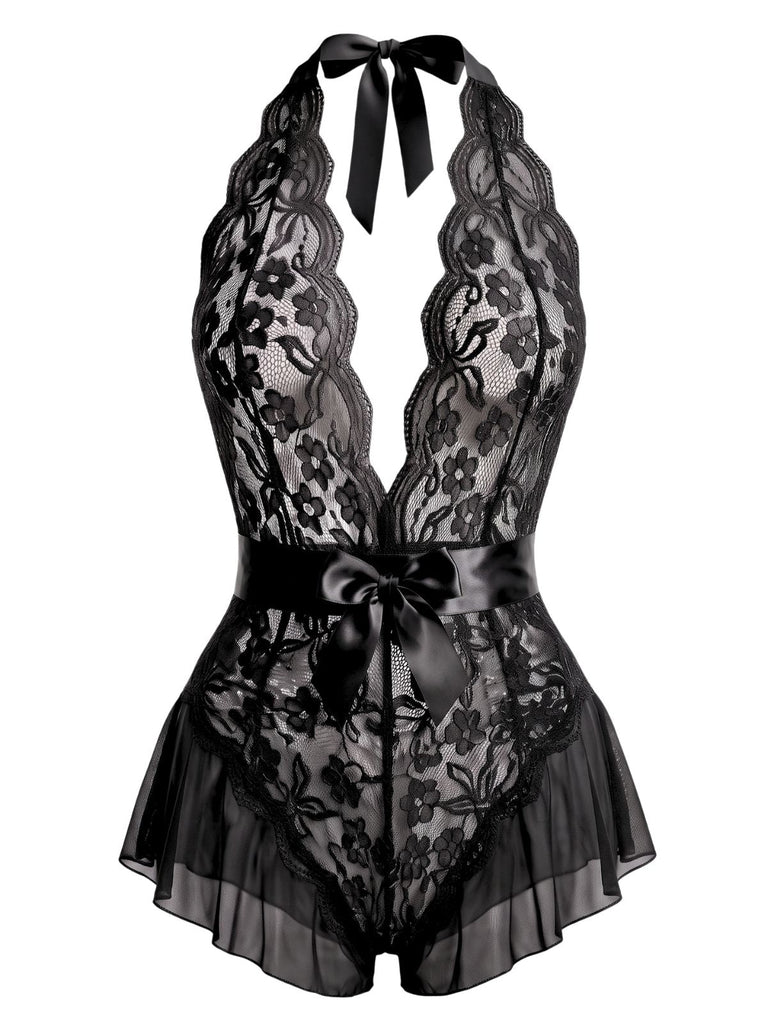 Lingerie transparente en satin et dentelle à nœud et fines bretelles années 1930