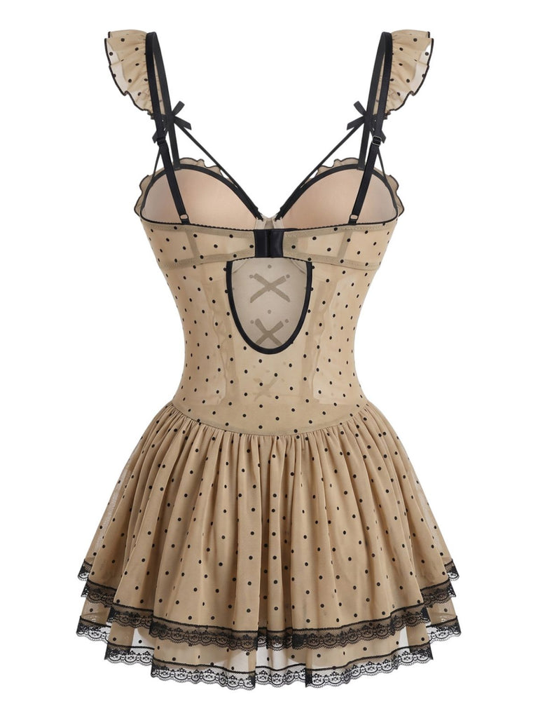 Nuisette babydoll kaki à pois, fines bretelles et dos nu années 1950